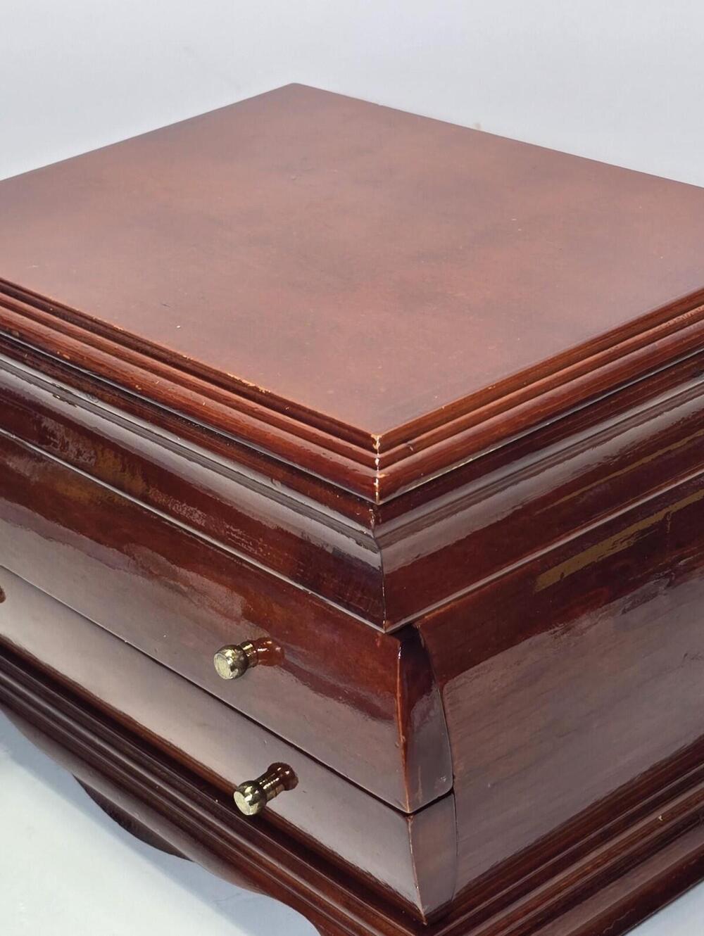 Bombay Style Wooden Jewelry Box Mirrored Lid Two Drawer Organizer Cherry Finish